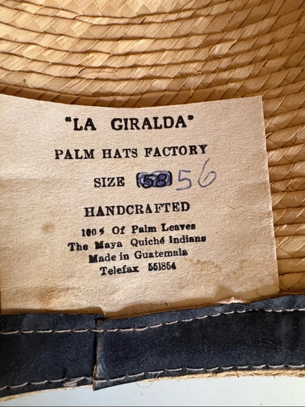 Palm Hats Factory Mayan Guatemala Made La Geralda Palm Leaf Hat Size 56